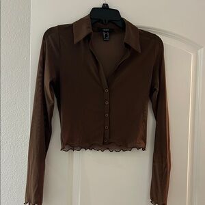 Forever 21 Chocolate Brown Satin-Look Crop Button Shirt